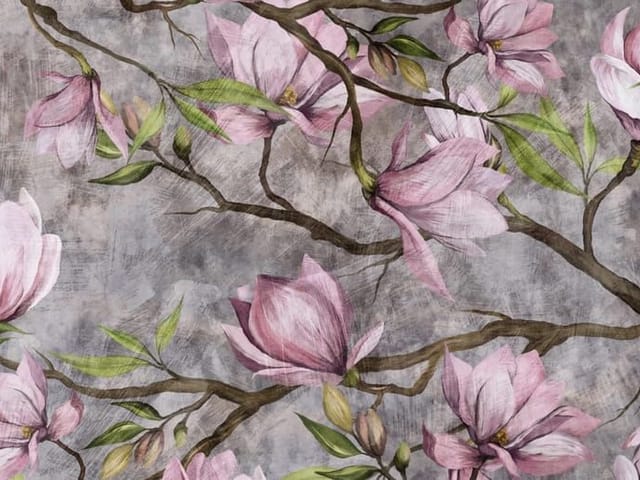Fototapeta z gałązkami drzewa i różowymi kwiatami magnolii na szarym tle