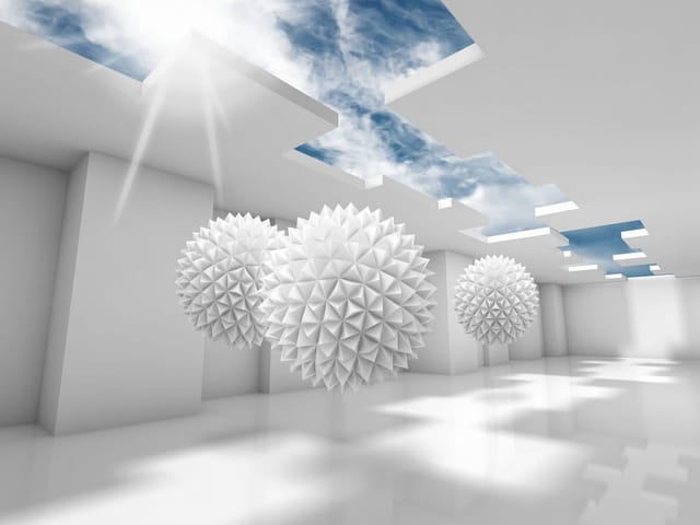 Fototapeta Geometryczne kule w tunelu 3D (mpn: 7910) Fototapeta z trzema geometrycznymi kulami w jasnym pomieszczeniu