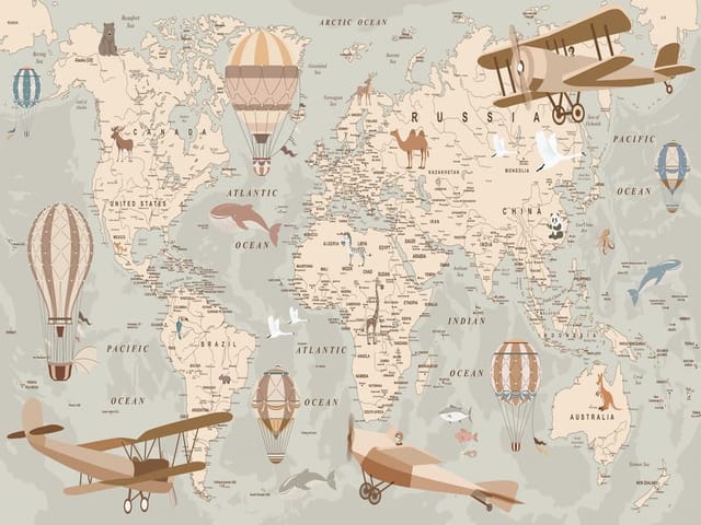 Fototapeta Mapa świata z balonami i samolotami (mpn: 7928) Fototapeta z mapą świata, balonami, samolotami i zwierzętami