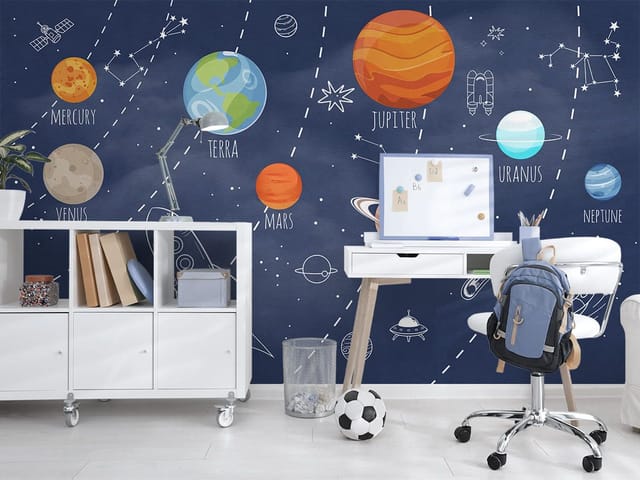 Fototapeta Kosmiczna podróż po planetach (mpn: 7937) Fototapeta Kosmos dziecięcy – planety Układu Słonecznego z nazwami