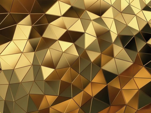 Fototapeta z geometrycznym wzorem trójkątów o złotych odcieniach i metalicznym połysku