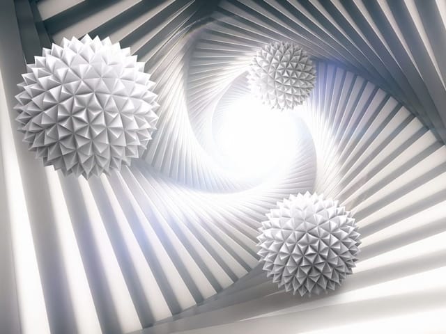 Fototapeta Geometryczne kule w tunelu 3D (mpn: 7993) Fototapeta z trzema geometrycznymi kulami w spiralnym tunelu 3D