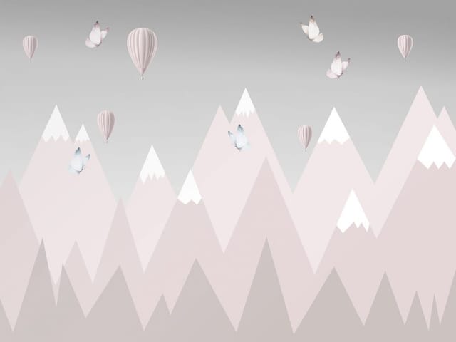 Fototapeta Góry z Balonami na Tle (mpn: 8027) Fototapeta z geometrycznymi górami i balonami na tle jasnego nieba.