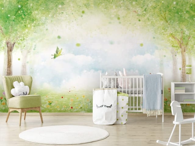 Fototapeta Zielony las z kwiatami i niebem