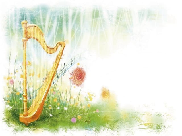 Fototapeta przedstawiająca złotą harfę otoczoną zieloną trawą i kwiatami