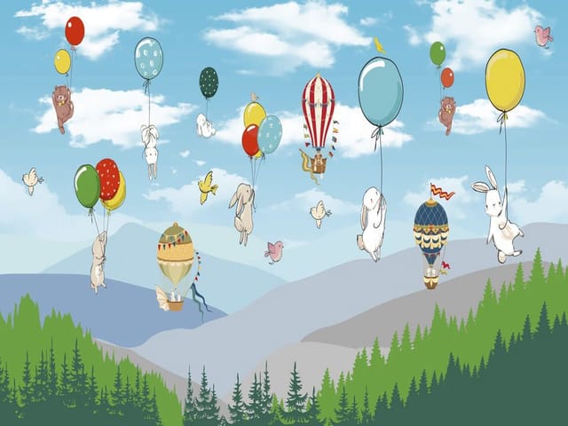 Fototapeta z motywem zwierząt unoszących się na balonach wśród chmur