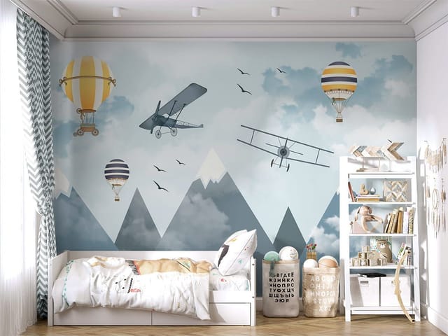 Fototapeta Balony i Samoloty nad Górami (mpn: 8113) Fototapeta z balonami i samolotami nad ośnieżonymi górami i chmurami