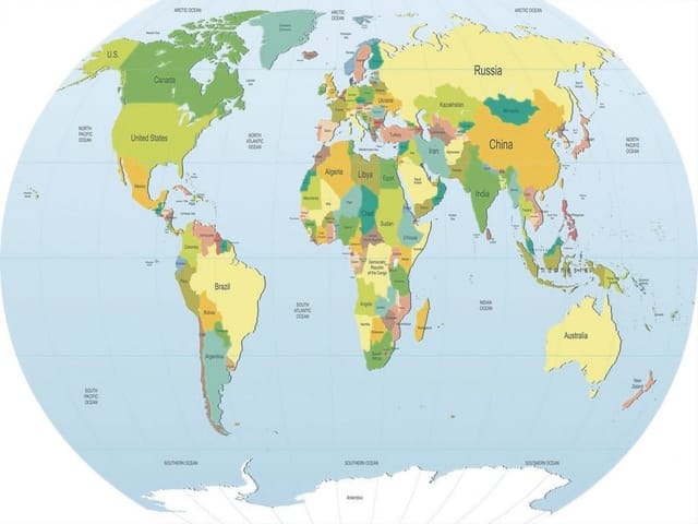 Fototapeta z kolorową mapą świata, kontynentami i oceanami z podpisami