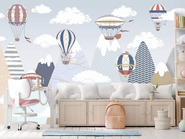 Fototapeta Balony nad górami w pastelach (mpn: 8183) Fototapeta z balonami na gorące powietrze nad górami w pastelowych barwach
