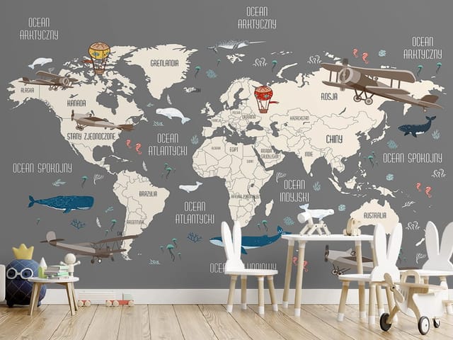 Fototapeta Mapa świata z samolotami i balonami (mpn: 8261) Fototapeta z mapą świata, kontynentami, oceanami, samolotami i balonami