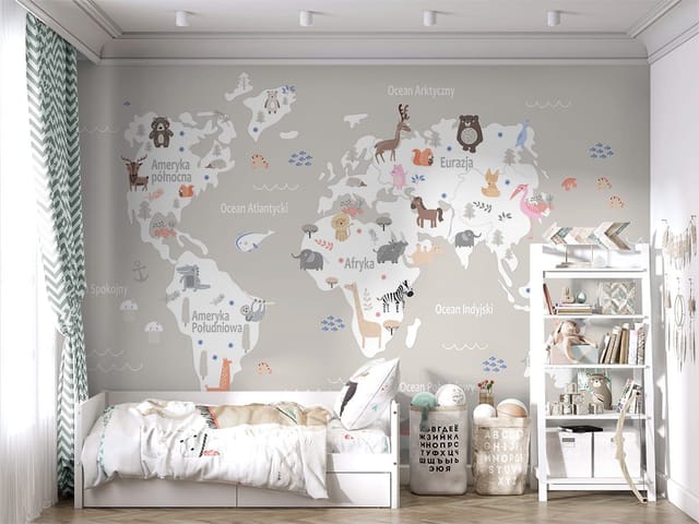 Fototapeta Mapa świata dla dzieci z kontynentami (mpn: 8264) Fototapeta z mapą świata dla dzieci, kontynenty i zwierzęta