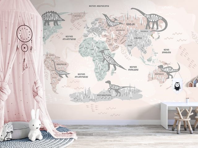 Fototapeta Mapa świata z dinozaurami dla dzieci (mpn: 8266) Fototapeta z mapą świata i dinozaurami na kontynentach