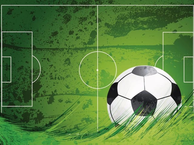 Fototapeta z piłką nożną na tle boiska z abstrakcyjnymi wzorami