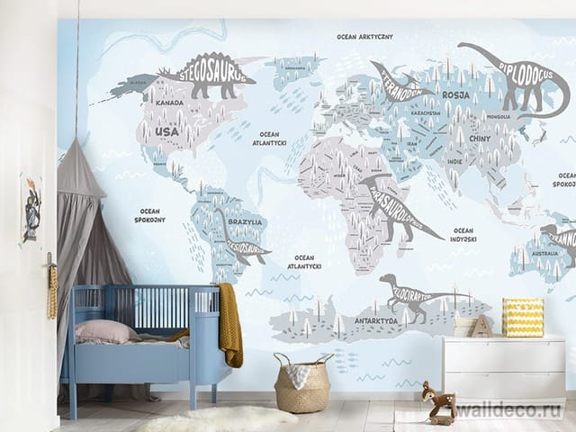 Fototapeta Mapa świata z dinozaurami (mpn: 8296) Fototapeta z mapą świata i dinozaurami, idealna do pokoju dziecięcego