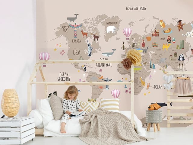 Fototapeta Mapa świata dla dzieci z ikonami (mpn: 8297) Fototapeta z mapą świata dla dzieci z ikonami zwierząt i budowli