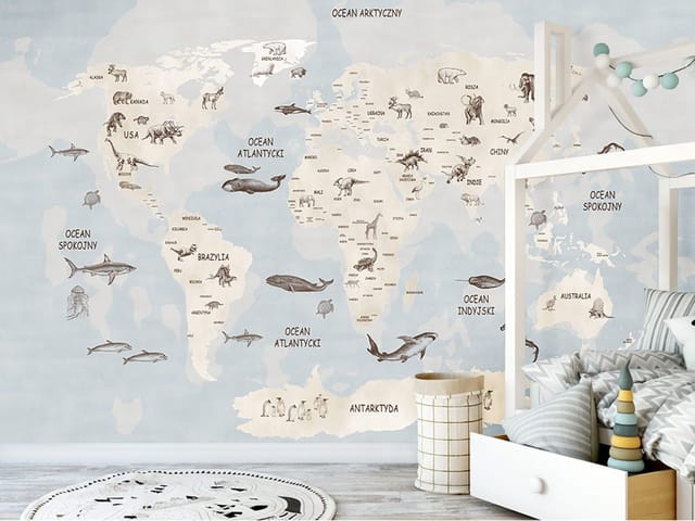 Fototapeta Mapa świata dla dzieci z kontynentami (mpn: 8301) Fototapeta z mapą świata, kontynentami i zwierzętami dla dzieci