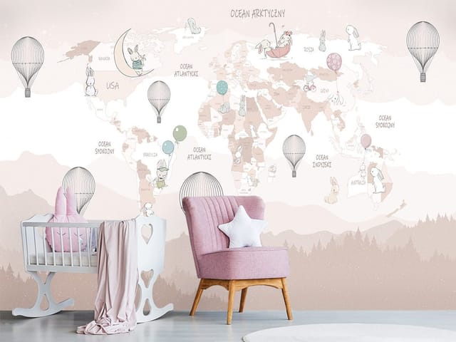Fototapeta Mapa świata z balonami (mpn: 8310) Fototapeta przedstawiająca mapę świata z balonami, zwierzętami i nazwami oceanów