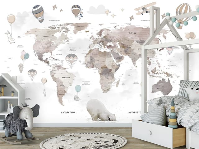 Fototapeta Mapa świata z balonami i zwierzętami (mpn: 8318) Fototapeta z mapą świata, balonami i zwierzętami na jasnym tle
