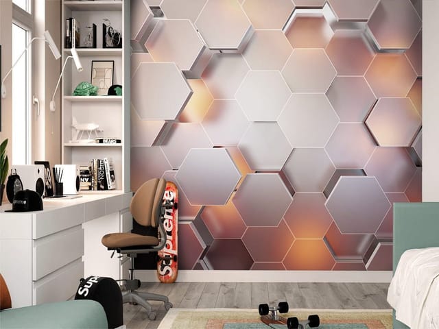 Fototapeta Trójwymiarowe panele heksagonalne (mpn: 8337) Fototapeta z trójwymiarowymi heksagonalnymi panelami w metalicznych odcieniach