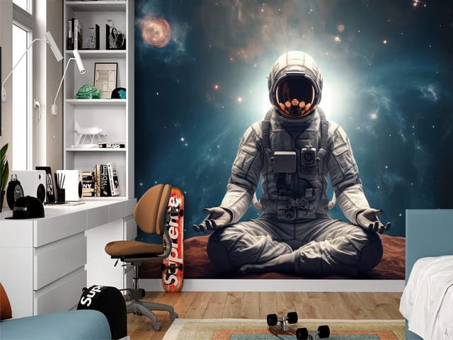 Fototapeta Astronauta w Medytacji na Planecie (mpn: 8479) Fototapeta przedstawiająca astronautę w skafandrze w pozycji medytacyjnej z gwiazdami i galaktykami w tle.