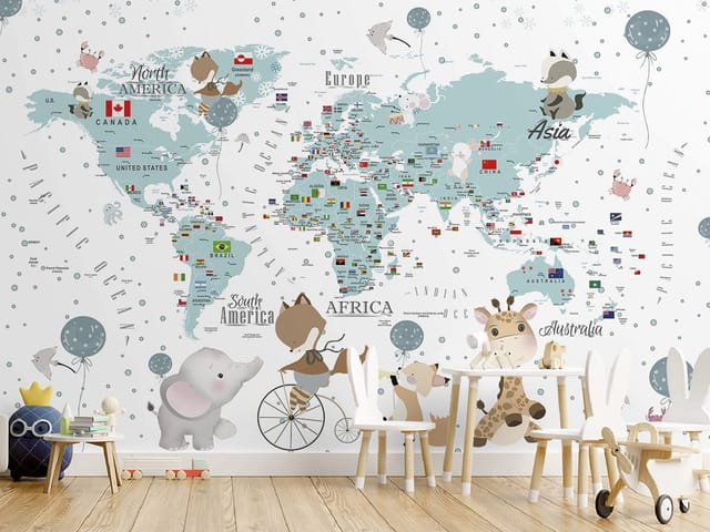 Fototapeta Mapa świata dla dzieci z postaciami (mpn: 8481) Fototapeta z mapą świata dla dzieci z kontynentami, zwierzętami i balonami