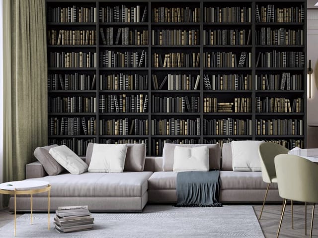 Fototapeta z dużą biblioteką i ciemnymi regałami pełnymi książek
