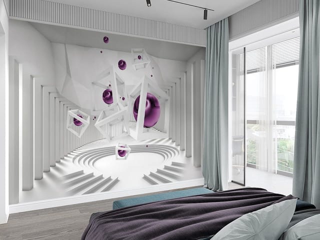Fototapeta z geometrycznymi figurami i fioletowymi kulami