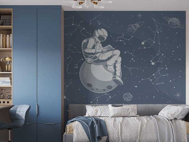 Fototapeta z astronautą na planecie, gwiazdy, konstelacje, rakieta