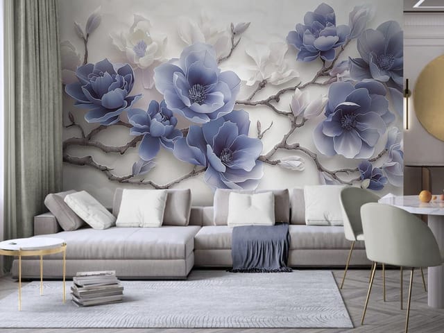 Fototapeta z gałęzią drzewa i dużymi kwiatami magnolii na jasnym tle