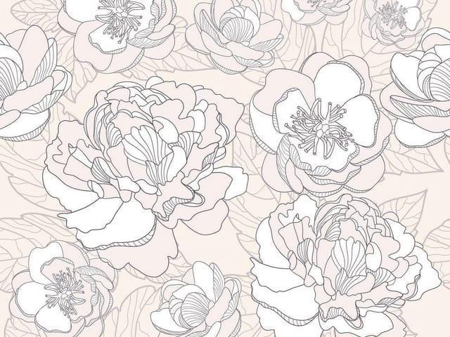 Fototapeta Kwiaty piwonii na jasnym tle (kod: 8645) Fototapeta z dużymi kwiatami piwonii i liśćmi na jasnym tle