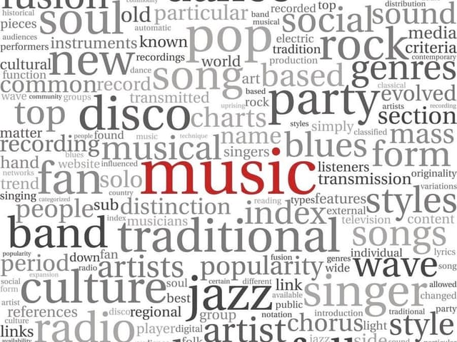 Fototapeta z chmurą słów związanych z muzyką, czerwone 'music'