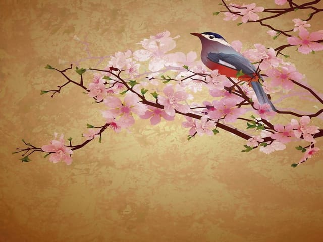 Fototapeta z gałęzią drzewa, różowymi kwiatami wiśni i ptakiem na beżowym tle