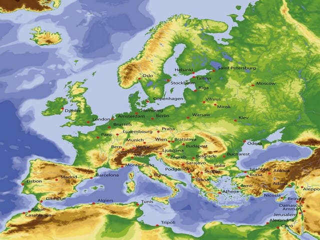 Fototapeta Mapa fizyczna Europy i okolic (mpn: 924) Fototapeta z mapą fizyczną Europy – kontury, góry, morza i miasta
