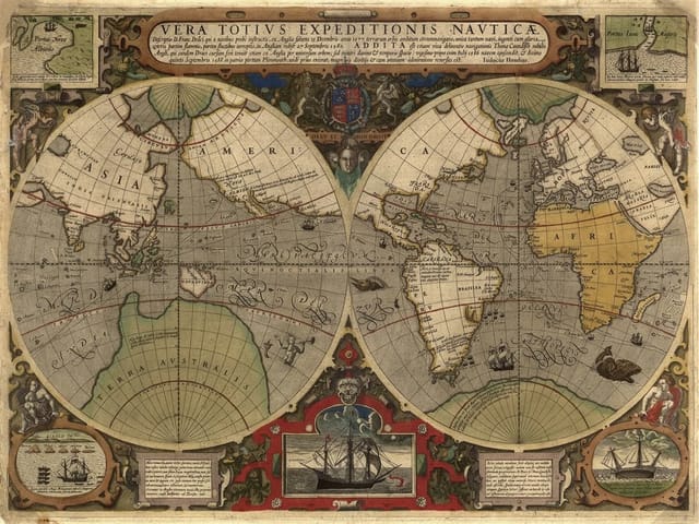 Fototapeta Stara mapa świata z globusami (mpn: 925) Fototapeta przedstawiająca starą mapę świata z dwoma globusami i ozdobnymi ramkami.