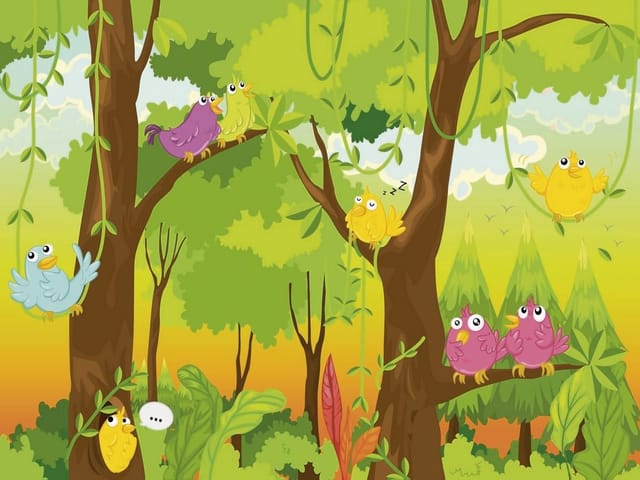 Fototapeta Kolorowe ptaki w zielonym lesie