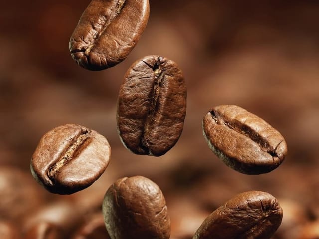 Fototapeta z unoszącymi się ziarnami kawy na rozmytym tle