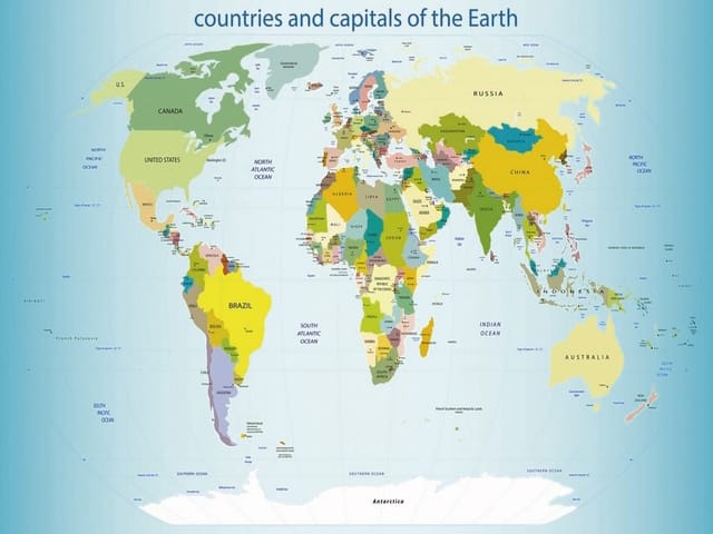 Fototapeta z mapą świata, kontynenty w kolorach, nazwy krajów