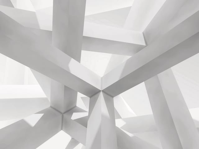 Fototapeta z przestrzennymi białymi belkami i geometrycznymi kształtami