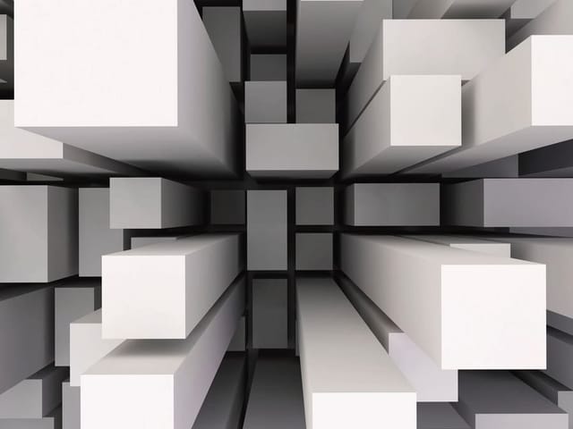 Fototapeta Trójwymiarowe białe prostopadłościany (kod: 9928) Fototapeta z trójwymiarowymi białymi prostopadłościanami w geometrycznym wzorze