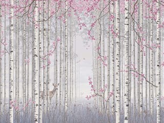 Fototapeta Las brzozowy z różowymi kwiatami