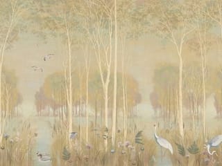 Fototapeta Las z wysokimi drzewami i jeziorem