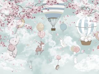 Fototapeta Balon z królikami i kwiatami ( kod: 24214 ) Fototapeta Balon z królikami i kwiatami