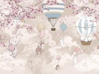 Fototapeta Zwierzęta z balonami w chmurach ( kod: 24226 ) Fototapeta Zwierzęta z balonami w chmurach