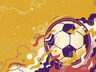 Fototapeta Piłka nożna w ruchu na żółtym tle