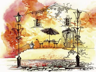 Fototapeta Taras z latarniami i stolikiem