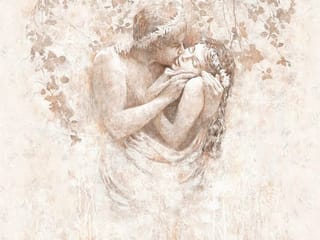 Fototapeta Romantyczny uścisk w beżach ( mpn: 4911 ) Fototapeta Płaskorzeźby – para w romantycznym uścisku, liście