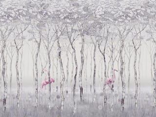 Fototapeta Flamingi w lesie z mglistym tłem