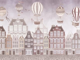 Fototapeta Ilustracje miast – kamienice i balony na ogrzane powietrze