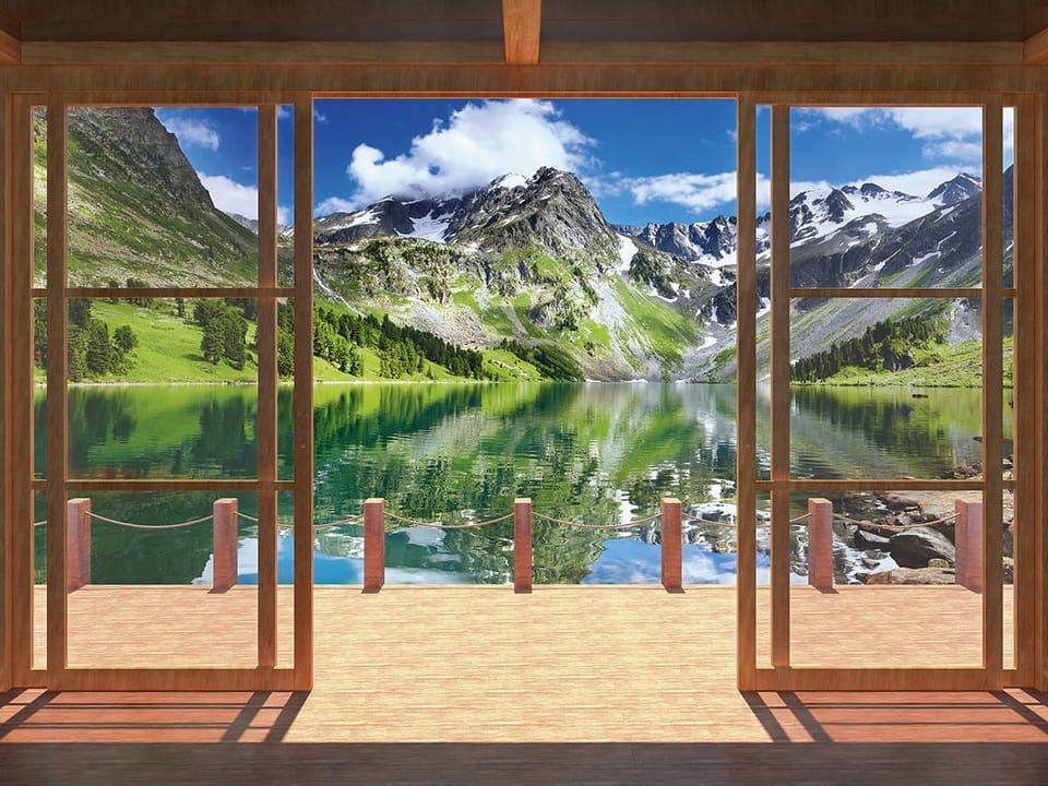 Fototapeta Widok na górskie jezioro przez okno
