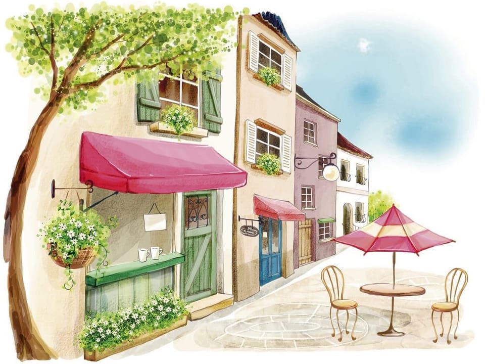 Fototapeta Uliczka z kawiarnią i parasolem